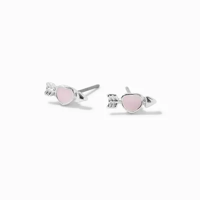 Silver-tone Pink Heart Arrow Stud Earrings
