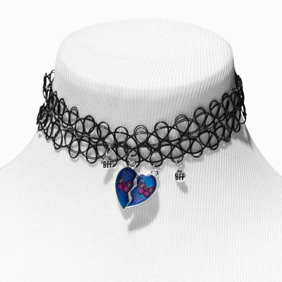 Best Friends Blue Split Heart Black Tattoo Choker Necklaces - 2 Pack