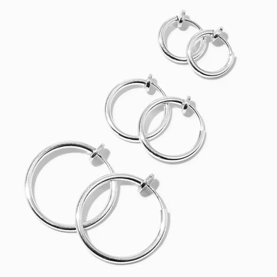 Silver Graduated Clip On Hoop Earrings - 3 Pack