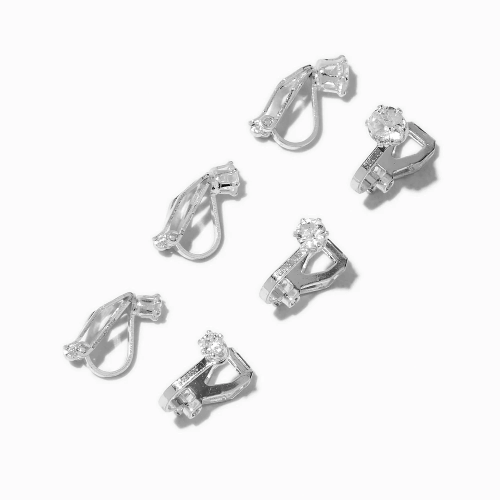 Silver-tone Cubic Zirconia 3mm, 4mm, & 5mm Round Clip-On Stud Earrings - 3 Pack