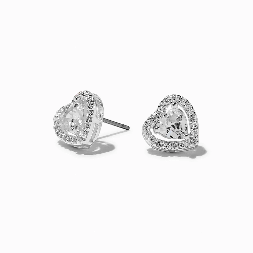 Silver-tone Heart Cubic Zirconia Stud Earrings