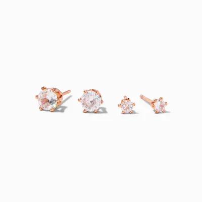 18K Gold Plated Rose Gold Cubic Zirconia 3MM & 5MM Stud Earrings - 2 Pack