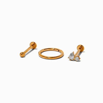 Gold-tone Titanium Cubic Zirconia 18G Stud & Hoop Threadless Cartilage Earrings - 3 Pack