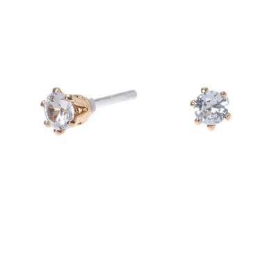 Gold Cubic Zirconia Round Stud Earrings - 3MM