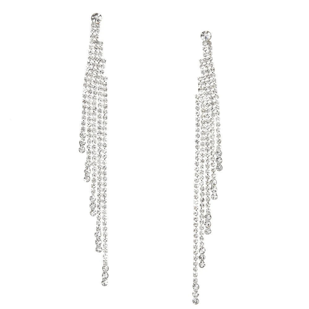 Silver Rhinestone 4" Fringe Drop Earrings