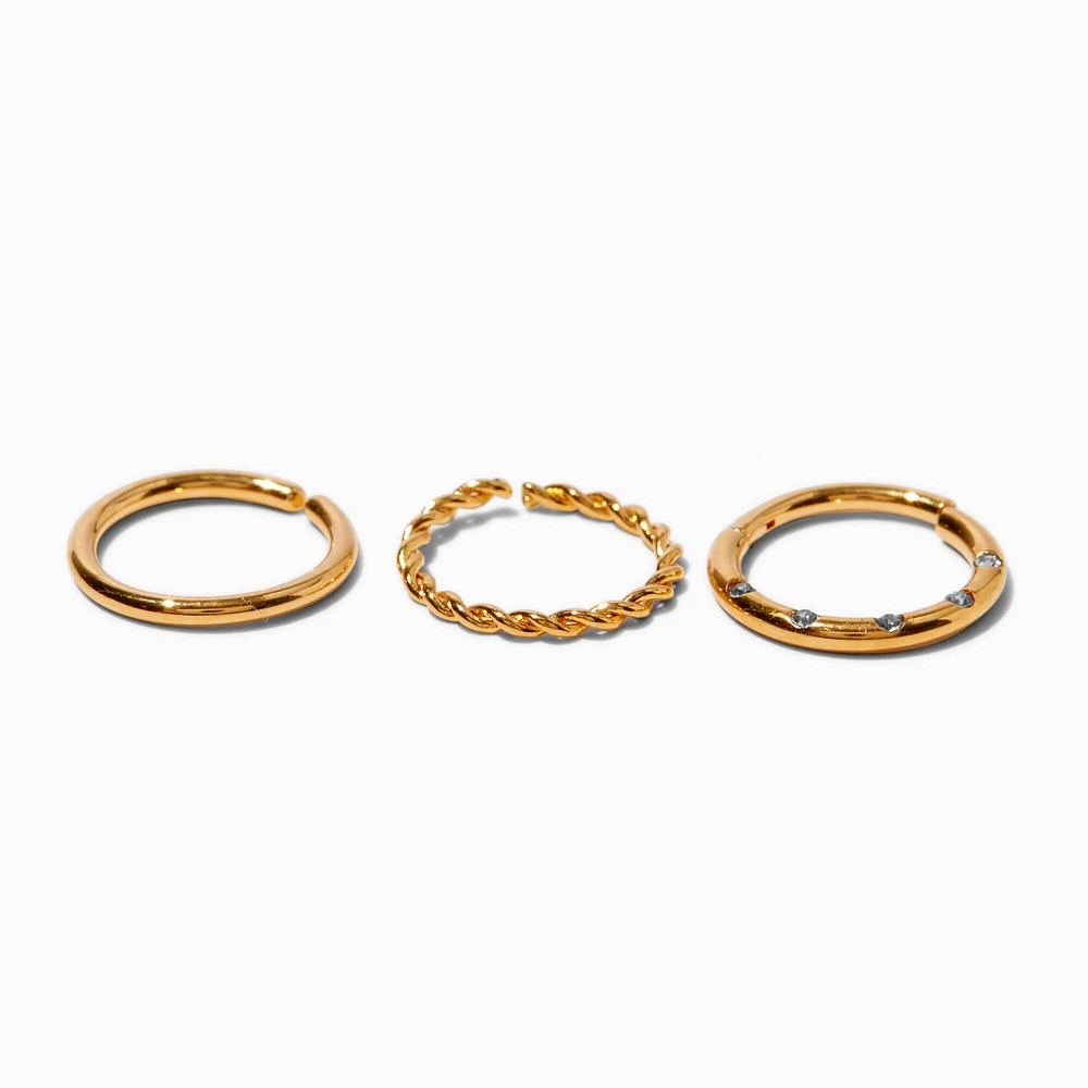 18k Gold Plated Titanium Mixed 18G Nose Hoops - 3 Pack