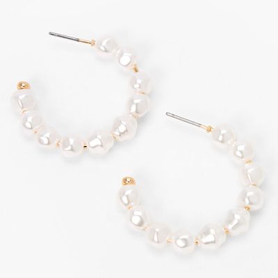 Gold 30MM Pearl Hoop Earrings - White