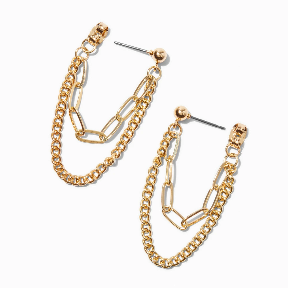 Gold-tone Two Chains Front & Back Drop Earrings