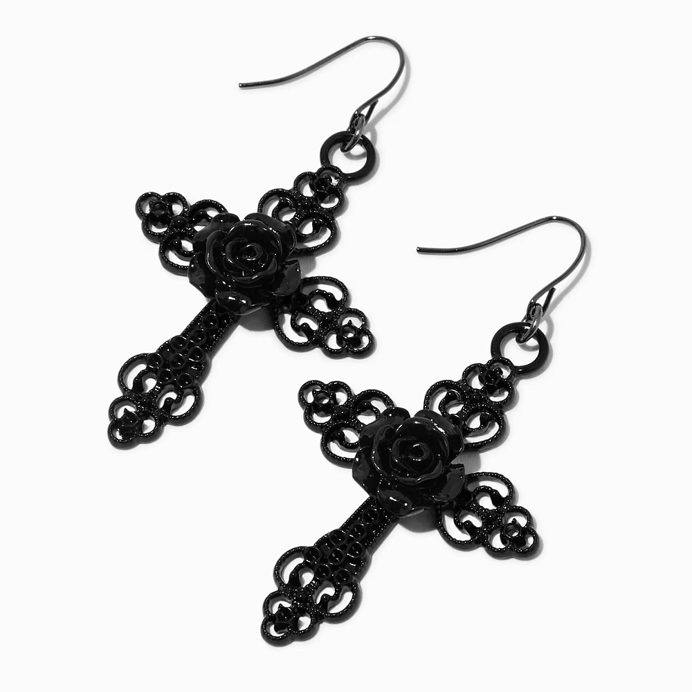 Black Rose Cross 2" Drop Earrings