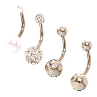 Silver 14G Sparkly Pearl Belly Rings - 4 Pack