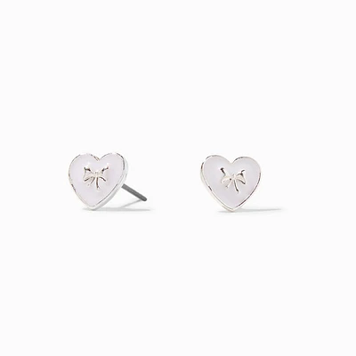 Silver-tone Bow White Heart Stud Earrings