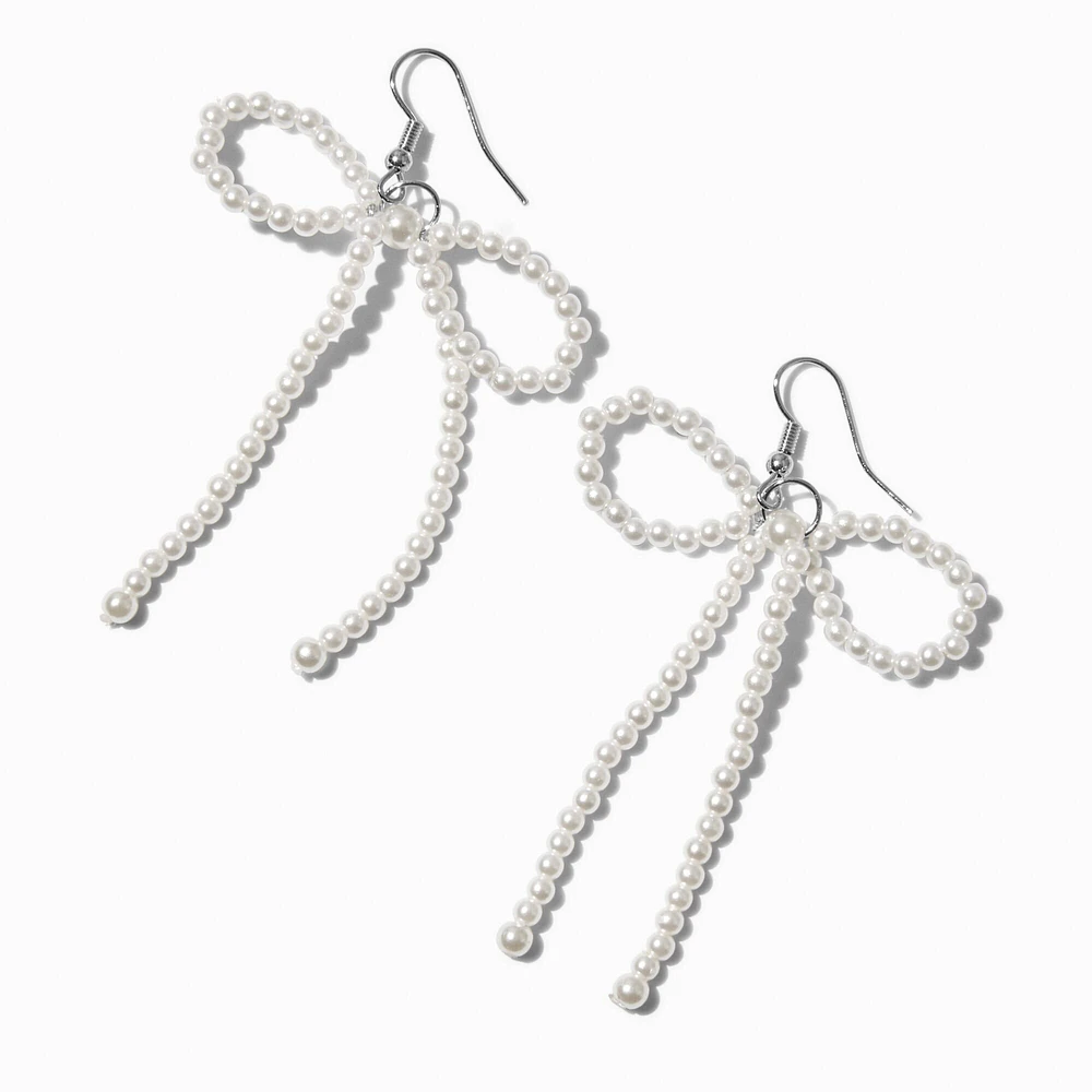 White Pearl Bow 3" Drop Earrings