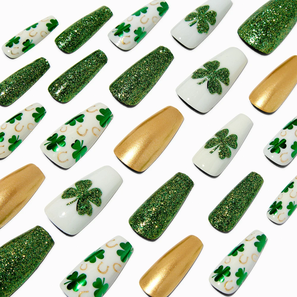 Shamrocks & Glitter Squareletto Press On Faux Nail Set - 24 Pack