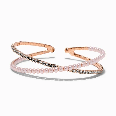 Rose Gold-tone Crystal Blush Pink Pearl Criss Cross Cuff Bracelet