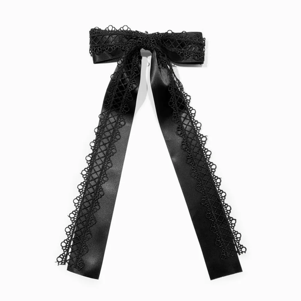 Black Satin Lace Trim Long Tail Bow Hair Clip