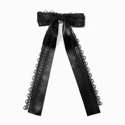 Black Satin Lace Trim Long Tail Hair Bow Clip