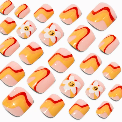 Retro Daisy Swirl Square Press On Vegan Faux Nail Set - 24 Pack