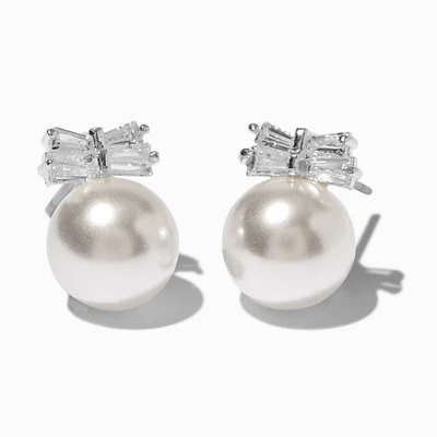 Silver-tone Cubic Zirconia Bow Pearl Stud Earrings