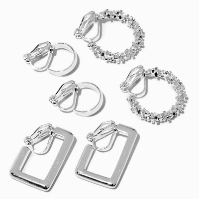 Silver-tone Crystal Geometric Clip-On Hoop Earrings - 3 Pack