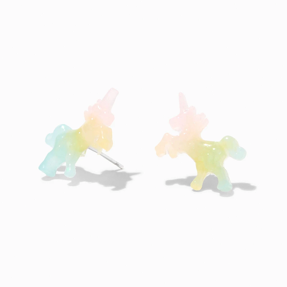 Sterling Silver Glow in the Dark Rainbow Unicorn Stud Earrings