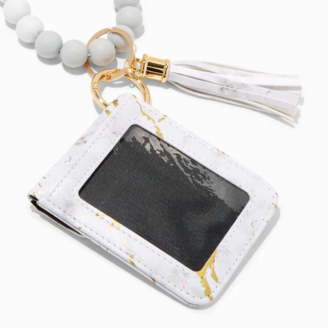 Claire's White & Gold Beaded Bracelet With Marble Mini Snap Wallet