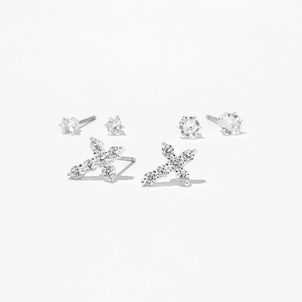 Silver-tone Cubic Zirconia Cross & Stud Earrings - 3 Pack