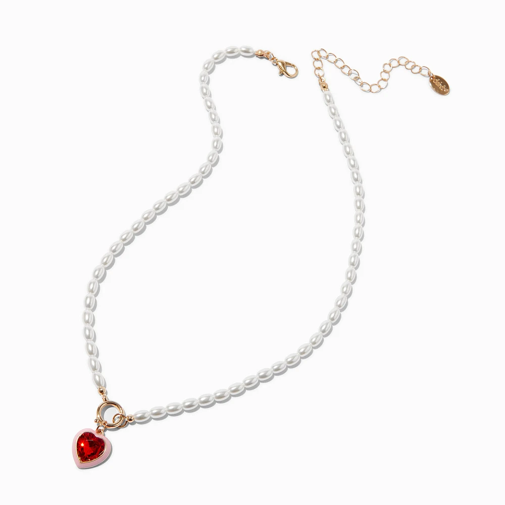 Red Heart Pendant Pearl Necklace