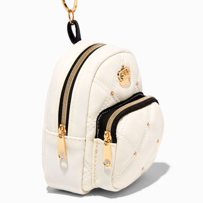 Gold Crown White Quilted Mini Backpack Keychain