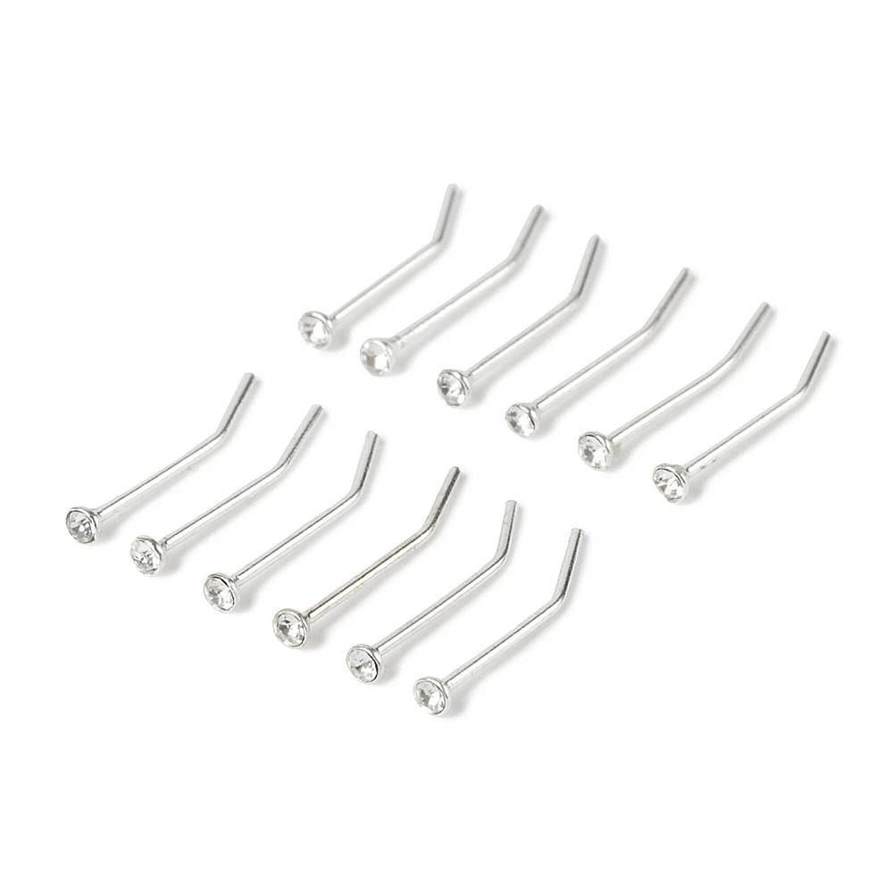 22G Sterling Silver Crystal Nose Studs - 12 Pack