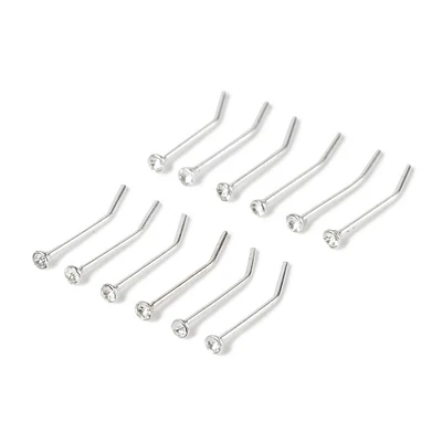 22G Sterling Silver Crystal Nose Studs - 12 Pack