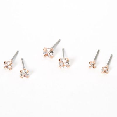 Rose Gold Cubic Zirconia Round Stud Earrings - 3MM, 4MM, 5MM