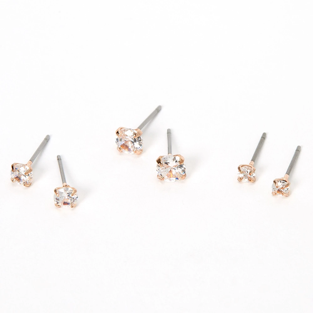 Rose Gold-tone Cubic Zirconia 3mm, 4mm, & 5mm Round Stud Earrings - 3 Pack