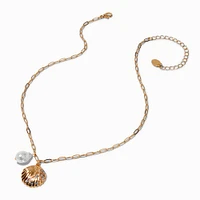 Clam Shell & Pearl Gold-tone Pendant Necklace