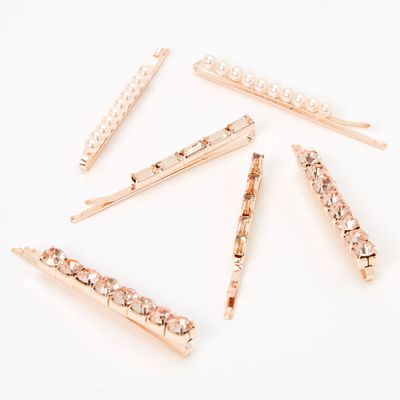 Rose Gold Crystal & Pearl Bobby Pins - 6 Pack