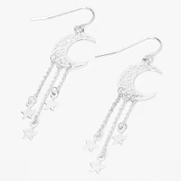 Silver 2" Moon Star Drop Earrings