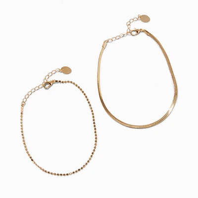 Gold-tone Flat Beaded & Herringbone Anklets - 2 Pack