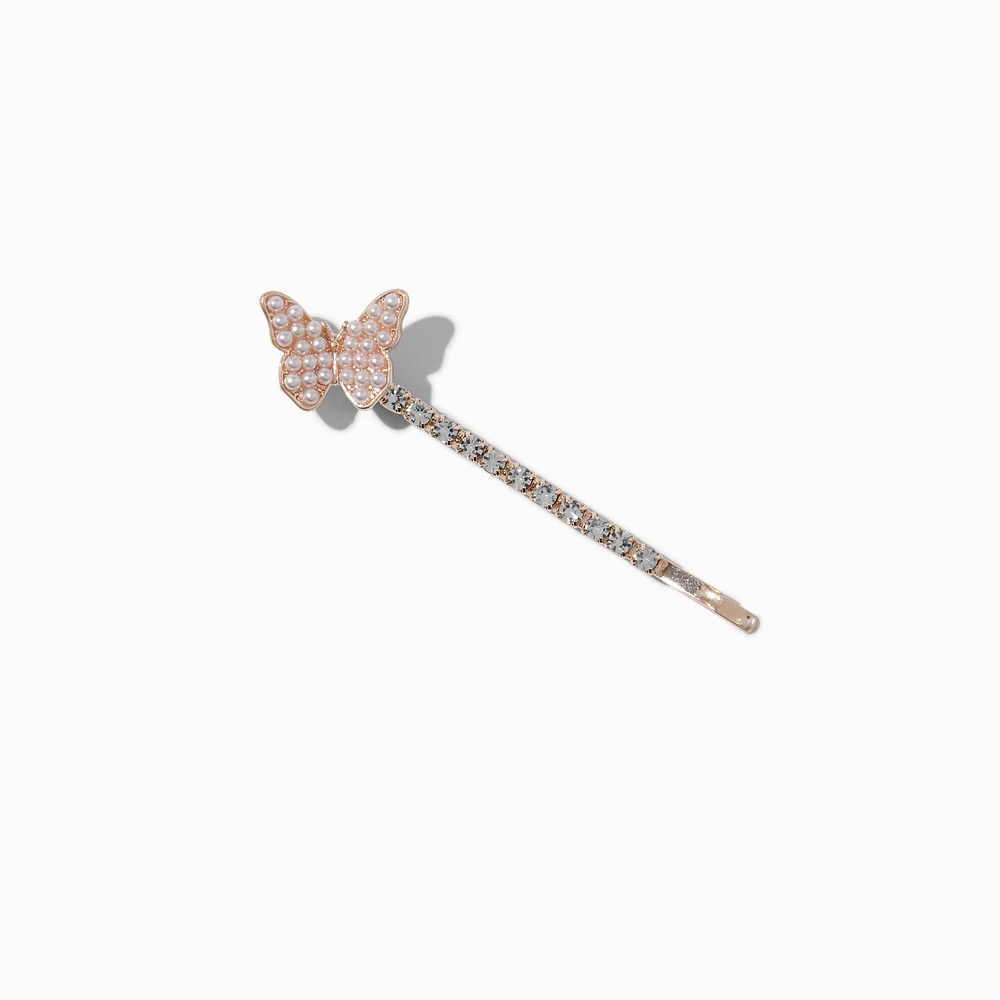 Rose Gold-tone Butterfly Rhinestone Pearl Hair Pins - 6 Pack