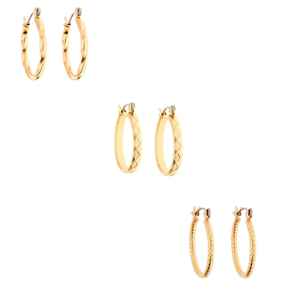 Gold-tone Thick Textured 20mm Hoop Earrings - 3 Pack