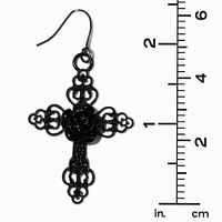 Black Rose Cross 2" Drop Earrings