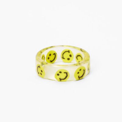 Clear Yellow Happy Face Print Resin Ring