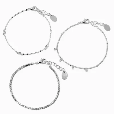 Silver-tone Stainless Steel Cubic Zirconia Bracelet Set - 3 Pack