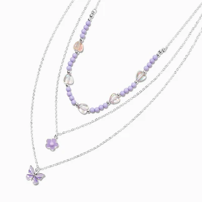 Purple Butterfly & Flower Multi-Strand Pendant Necklace