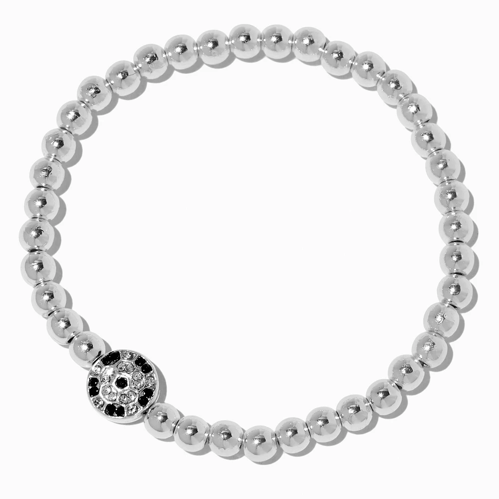 Silver-tone Soccer Beaded Stretch Bracelet