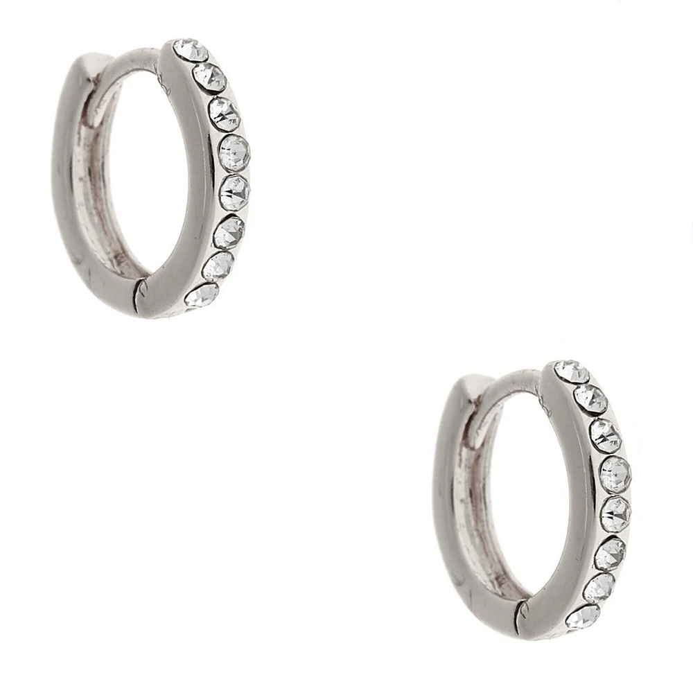 Silver 10MM Embellished Huggie Hoop Earrings