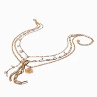 Gold-tone Pearl Carabiner Y-Neck Multi-Strand Necklace