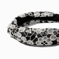 Black & White Floral Embroidered Knotted Headband