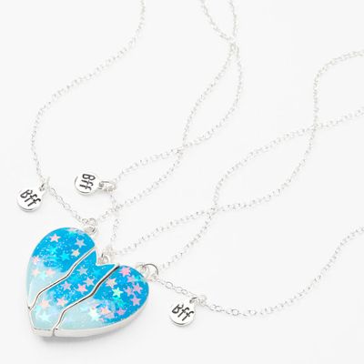 Best Friends Glow In The Dark Blue Confetti Split Heart Necklaces - 3 Pack