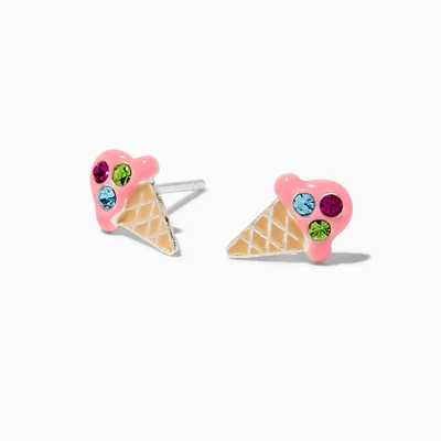 Sterling Silver Crystal Ice Cream Cone Stud Earrings