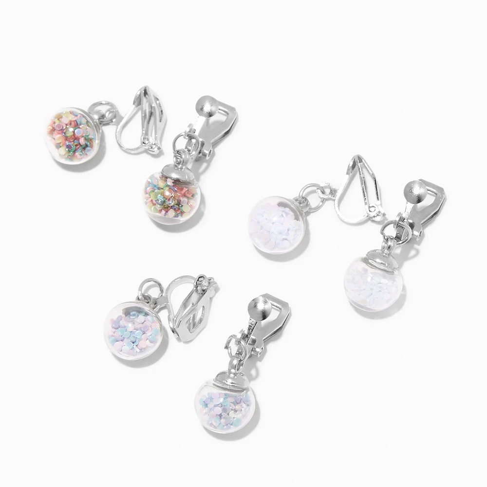 Silver 0.5" Glitter Shaker Clip On Drop Earrings - 3 Pack