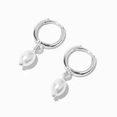 Silver 10MM Pearl Huggie Hoop Earrings